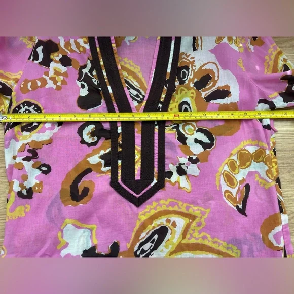 Tory Burch Pink Floral Tunic Top Size 8 Boho Beach Resort 100% Cotton Brown Trim - Picture 7 of 10